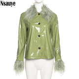 yipinpay 2023 Winter Women Turn Down Collar Leather Jackets Coat Outwear Vintage Faux Fur Long Sleeve Y2K Casual Short Jacket Tops