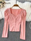 yipinpay Women's Sexy Shirts Long Sleeve Vintage Y2K Square Collar Elegant Slim Blusas Ladies OL Trendy Ruched Crop Top Female