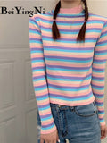 yipinpay Spring Autumn Long Sleeve Knit Sweater Women Stripe Cute Hit Color Casual Pullover Tops Female Basic Ulzzang Jumper