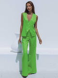 Yipinpay Ladies Office 2 Pieces Womens Suits Vest Top And Wide Leg Pants Outfits Cotton Linen Spring Fashion 2023 Green Sets