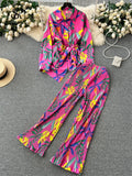 Yipinpay Autumn Print Suits Single Breasted Cardigan Bow Irregular Blouse+Pleated Wide Leg Long Pants Women Senior Vintage Sets