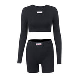 Yipinpay Women Shorts Set Long Sleeve Top And High Waist Shorts Blue Two Piece Sets Tracksuit Outfits Sport Basic Y2k