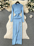 Yipinpay Streetwear Knit Split Dress O Neck Long Sleeves Slim Fit France Elegent Ladies Autumn Evening Party Bodycon Long Dress