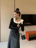 Yipinpay Vintage Bow Bandage Top French Style Sueter Mujer Jersey Square Collar Sweaters Crop Spring New Black Sweater White Shirts