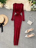 Yipinpay Women Autumn Knitted Dress V Neck Sexy Slim Elastic Oversized Basic Bodycon Long Dress Winter knit Warm Sweater Dresses