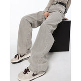 yipinpay Grey Women Jeans High Waist Vintage Straight Denim Pants Streetwear Style American Fashion Female Wide Leg Denim Trouser