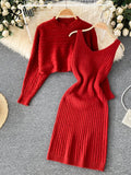 Yipinpay Autumn Knitted Dress Suits Women O Neck Long Sleeves Short Pullover+Strap Elastic Dress Korean Sweater Two Pieces Sets