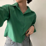 Yipinpay Split Loose Lapel Short Long Sleeved Blouse Blusas Mujer Casual White Shirt Women Roupas Femininas Wild Tops OL Shirts