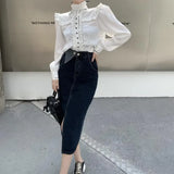 Yipinpay Palace Style White Shirt Women Blusas Mujer 2023 Tops Bow Tie Fungus Shirts Elegant Black Ribbon Letter Half High Neck