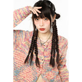 yipinpay Women Pink Cardigan Sweater Outerwear Short Fashion Vintage Leisure Lazy Wind Winter Thicken Warm Long Sleeve Knitting Coat