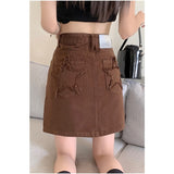 yipinpay Women's Vintage Brown Denim Half Body Skirt High Waist Casual American Fashion Baggy A-Line Jean Short Midi Skirt Ladies Summer