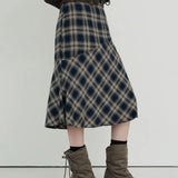 Yipinpay Contrast British Plaid Half Skirts for Women Autumn/Wonter Art Retro Academy Style High Waist A-line Mid Length Skirt