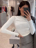 yipinpay Sleeve Top White T-Shirts Women Basic Crop Top Autumn Pollover Solid Skew Neck T Shirt Streetwear Basic Black Y2K Tees