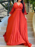 Yipinpay Flare Sleeve Pleated Dress For Women Fashion Solid Deep V-Neck Maxi Dresses 2023 Trend Chic Evening Party Vestidos