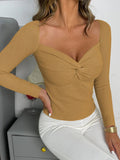 Yipinpay Solid Casual Women's Twist Knot Front V Neck Crop Sweater Knitwear Ladies 2024 Autumn Long Sleeve Knitted Pullover Tops
