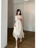 Yipinpay Elegant Dresses Women Vintage Embroidery Floral French Style Sleeveless Halter Loose Patchwork Sweet Fashion Dress