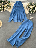 Yipinpay Winter Women Warm Knitted Suits Loose Drawstring Hooded Pullover+ Wide Legs Long Pants Fashion Sports Two Piece Sets