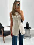 Yipinpay Linen Stripe Vests Women's 2024 Elegant O-neck Sleeveless Waistcoat Female Casual Single Breasted Pockets Lady Chic Tops