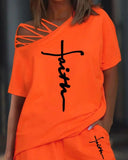 Yipinpay Summer Women 's Leisure Letter Print Cold Shoulder Top & Shorts Set Casual Female Piece Set Fashion Suit