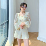 Yipinpay Leg Shorts Sets Two Piece Sets Womens Outifits Square Puff Long Sleeve Perspective Shirt Office Lady Blouse Tops Slim