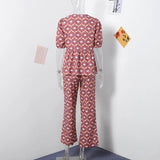 Yipinpay Flower Printed 2 Pieces Long Pant Sets For Women Elegant Short Sleeve Lace Up Shirt Wide Leg Trouser Summer Lady Outfits