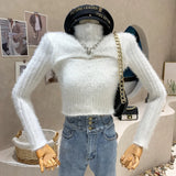 Yipinpay High Collar Sweater Women Slim Sexy Hollow Jumper Pullover Tops Crop Pink Sweaters Fur Button Knit Sueter Shirt