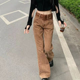 Yipinpay Hop High Waist Jeans Women Brown Vintage Denim Jeans Female Long Flared Jeans Belt Streetwear Bell Bottom Jeans Woman