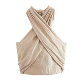 Yipinpay New Fashion Women Sexy Backless Linen Halter Top Summer Crop Top