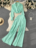 Yipinpay Spring Fashion OL Two Pieces Suits Lapel Neck Blouse+Pocket Wide Leg Long Pant 2024 Women Streetwear Retro Casual Sets