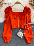 yipinpay Sexy Zipper Crop Tops Female Ruched Casual Vintage Long Sleeve Blusas Women Korean Elegant Camisas Club Short Shirt
