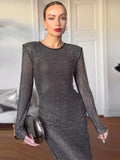 Yipinpay Sparkling Bodycon Long Dress For Women Round Neck Long Sleeves Slim Robes Fashion Autumn Evening Party Female Vestidos