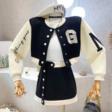 Yipinpay Embroidered Letter Coat Short Bomber Jackets Patchwork Contrast Mini Black Skirt Sets Autumn 2023 Casual 2piece Tracksuits