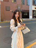 Yipinpay Summer Fairy Pure Color Midi Dress Woman Beach Style Long Sleeve Elegant Dress Casual Party Korean Fashion Dress Design