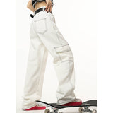yipinpay White High Waist Overalls Women Jeans American Fashion Streetwear Oversize Wide Leg Jean Female Trouser Baggy Denim Pants