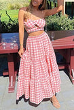 Yipinpay Womens Summer Skirt Boho Elastic Waist Pleated A-Line Flowy Layered Long Beach Skirt With Pockets Casual Street Style S-XL