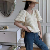 Yipinpay 3D Plaid Shirt Aesthetic Y2k Top Puff Short Sleeve Design Sense Niche Loose Fitting T-shirt Half Grunge Tee Graphic Solid