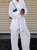 Yipinpay White Street Style Cotton Linen Pants Suits Women Casual 2-Pieces Sets Lapel Shirts And Wide Legs Pants Office Sets