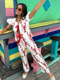 Yipinpay Cartoon Cray Print Long Pants Sets Women's Summer Lace Up Short Sleeve Shirts Wide Leg Pants 2 Piece Sets Lady Outfits