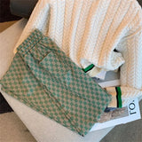 Yipinpay Twist Sweater Single Breasted Knitted Cardigan Coat Lapel + Wide Leg Green Checkerboard Pants Sweatpants 2sets