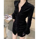 Yipinpay Mujer De Moda Sexy Vintage Black Velvet Shirt Women Pleated Slim Long Sleeve Tops 2023 Fall Camisas Single Breast Blouse
