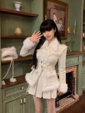 Yipinpay Winter Outwear Korean Fashion 2 Piece Skirt Set Woman Warm Fur Casual Coat + High Waist Slim Y2k Mini Skirt Suit Design