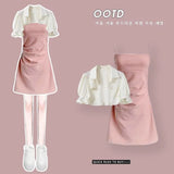 Yipinpay Women's Summer Dress Suit 2024 New Fashion Short Sleeve Shirt+Denim Strap Skirt Two Piece Korean Elegant Casual Matching Set