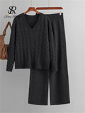 Yipinpay Autumn Loose Two Pieces Sets Women Twist Striped Sweater+Wide Legs Thick Long Pant Home Wear Casual Knitted Suits 2024