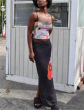 Yipinpay Fashion Women Skirt Set Flower Print Sleeveless Vest With Long Skirt Summer Outfit For Club Party Street Style Hot Sale