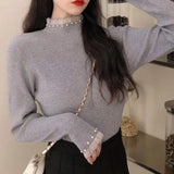 Yipinpay Jersey Mujer Vintage Pull Femme Stand Neck Fungus Contrast Jumpers Long Sleeve Chic Buttons Sweater Black Top T-shirts Bead