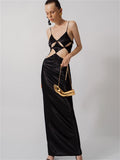 Yipinpay Elegant Satin Suspender Long Dress Party Evening Gown Vestidos Women Sling Hollow Out Backless Wrap Pencil Dresses
