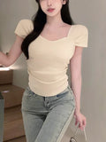 Yipinpay Office Lady Blouse Women Slim Evening Party Y2k Crop Top Solid Casual Short Sleeve Shirt Korean Fashion 2024 Summer