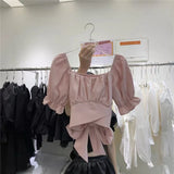 Yipinpay Bandage Crop Top Femme Pink Doll Blouse Blusas Mujer De Moda 2023 Bow Backless Black White Ruffle Pleated Shirt Women