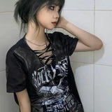 Yipinpay Subcultural Retro Lace up V-Neck Loose Print T-shirt Y2K Top Summer Short Sleeve Tshirts Women Harajuku Clothing Female