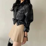 Yipinpay Faux Leather Coat Crop Lapel Double Pocket Leather Jacket 2023 Fall Mini Khaki Skirts Winter Wild Casual